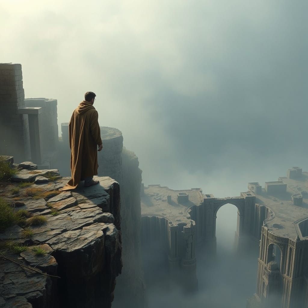 Misty Abyss: Lone Figure in Ancient Ruins