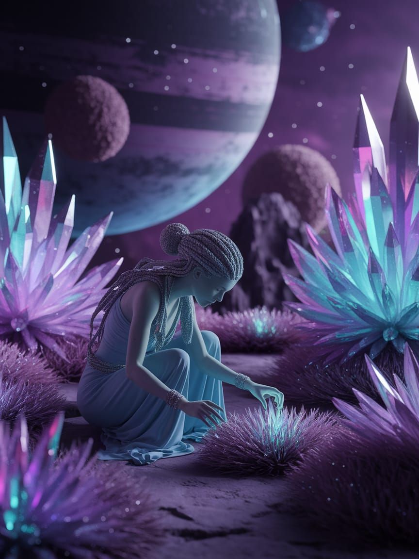 Cosmic Herbalist Tending Glowing Plants on Alien Planet