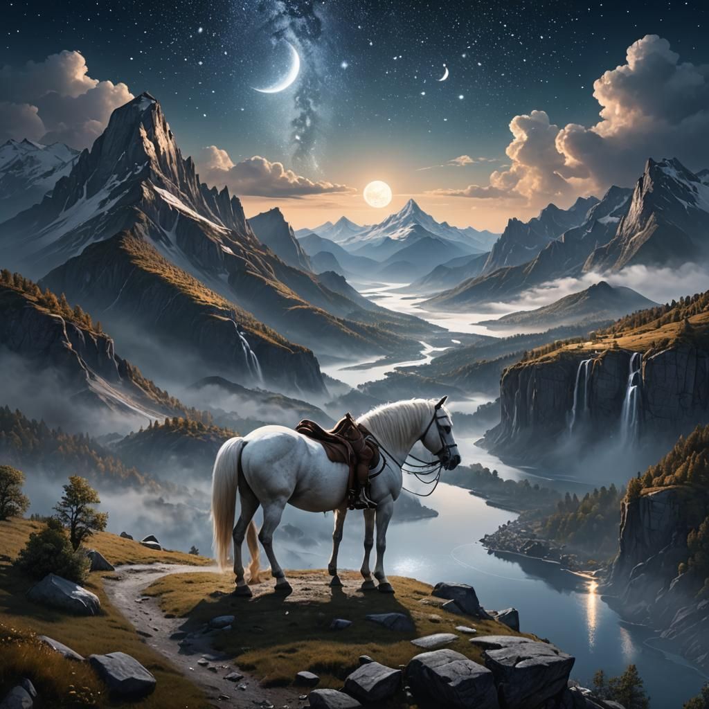 Mountain River Scene with Horse, Fantasy Concept Art
