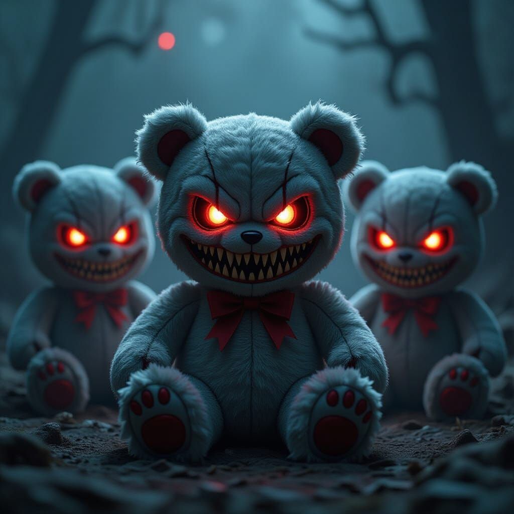 Menacing Stuffed Animals with Glowing Eyes in Gothic Cyberpu...