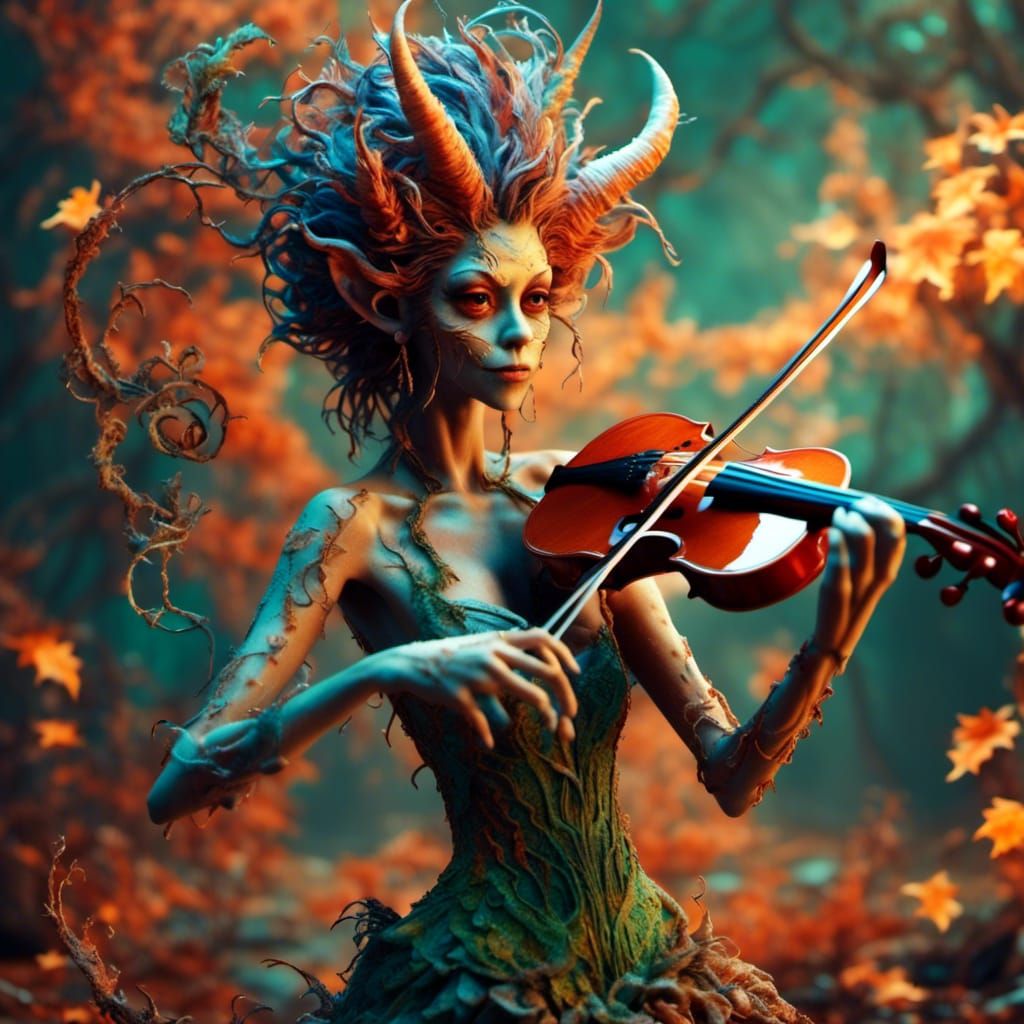 Mischievous Demon Plays Violin in Psychedelic Art