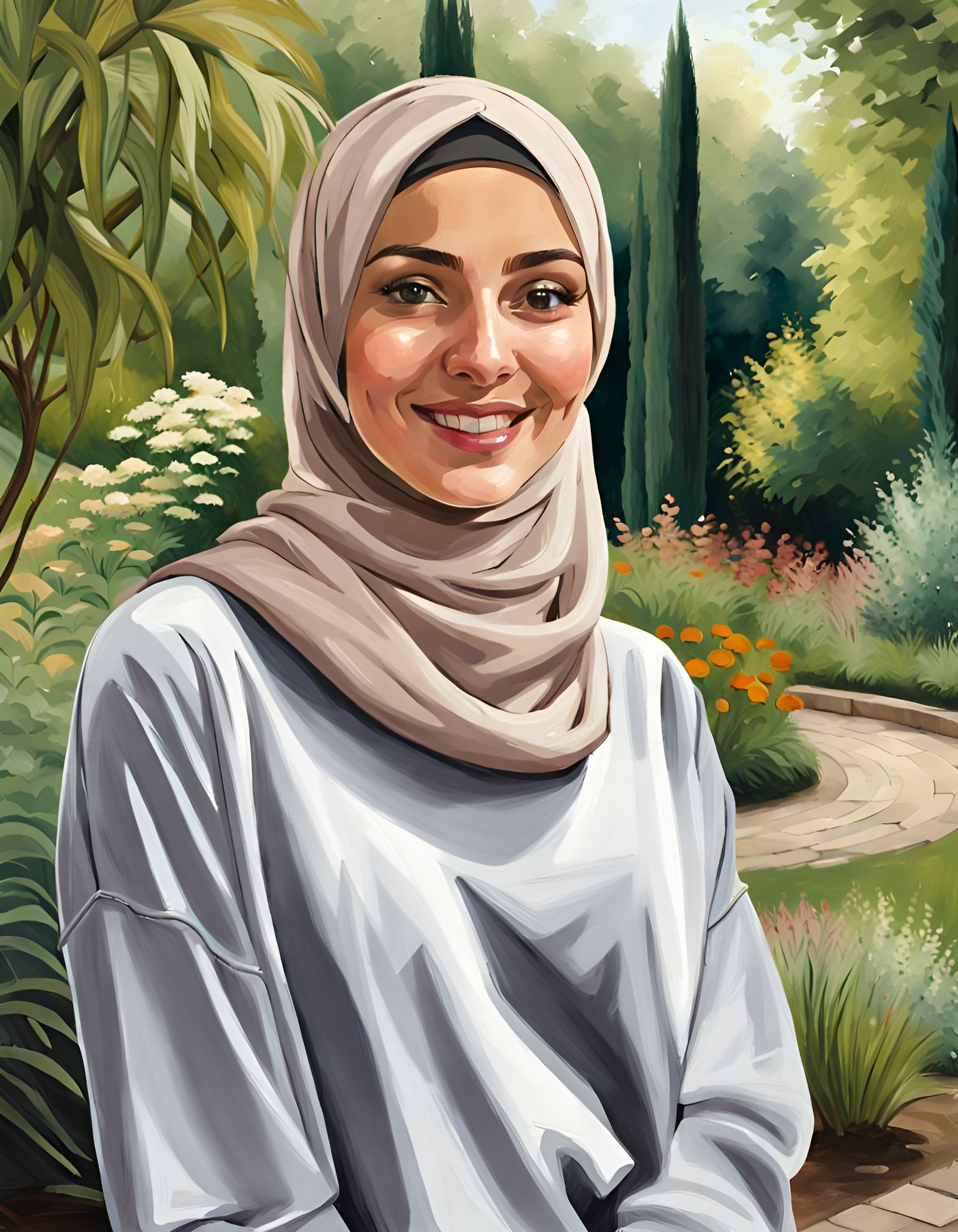 Elegant Hijabi Woman in Botanic Garden Oil Painting
