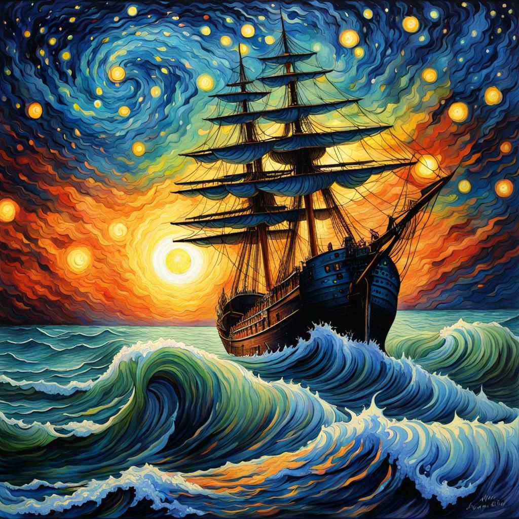 Gothic Ship at Sea in Van Gogh Style