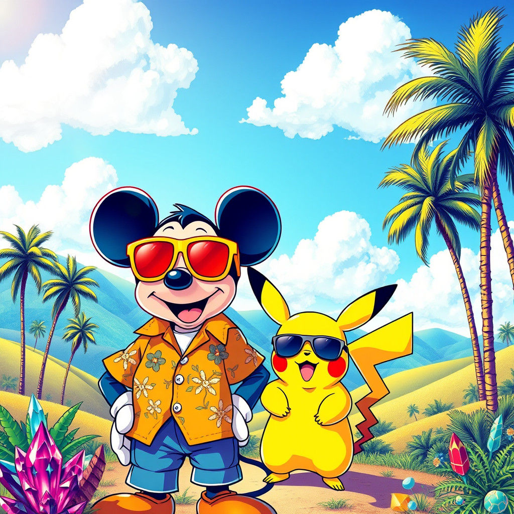 Mickey and Pikachu in Surrealist Dreamscape