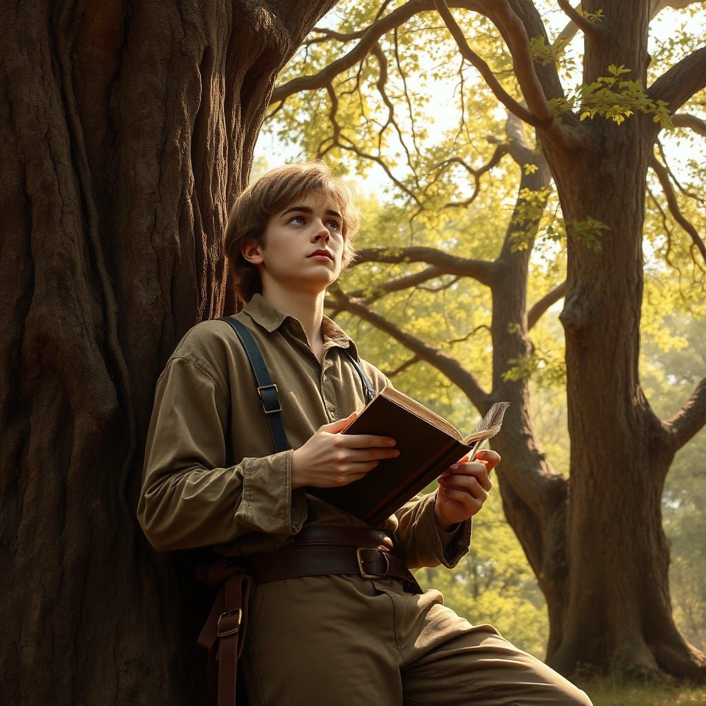 Poet Lost in Thought beneath Ancient Oak