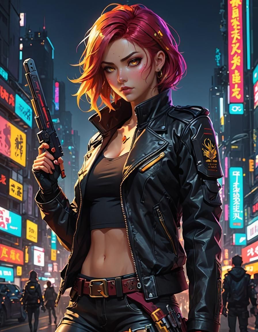 Cyberpunk Sunset Shimmer with Sword, Anime Style