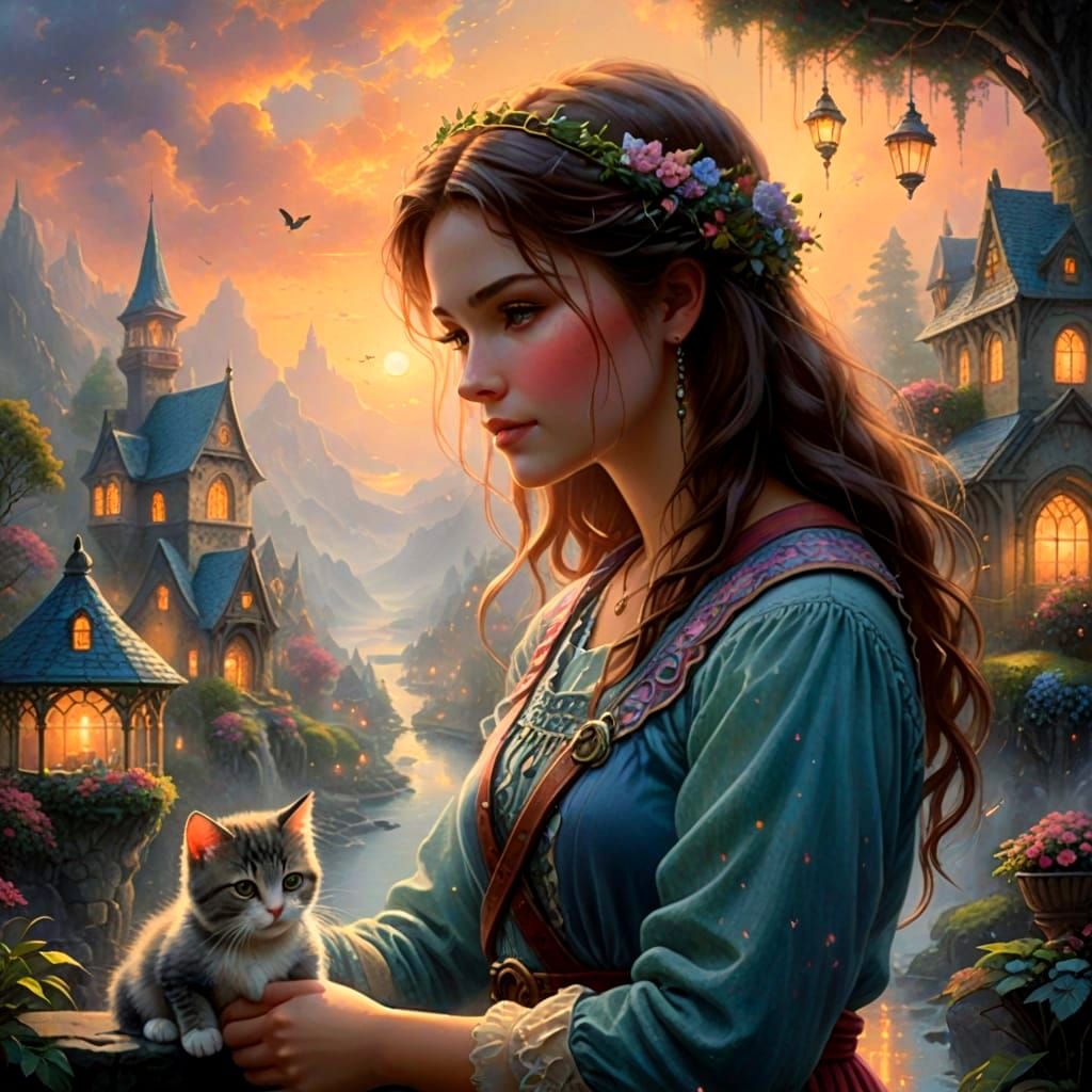 Girl and Kitten in Enchanted Misty Landscape
