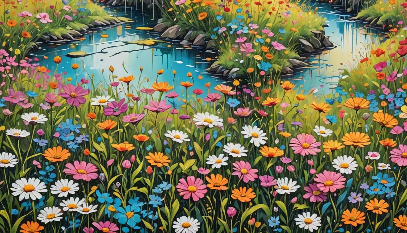 Vibrant Street Art Meadow in a Surreal Landscape