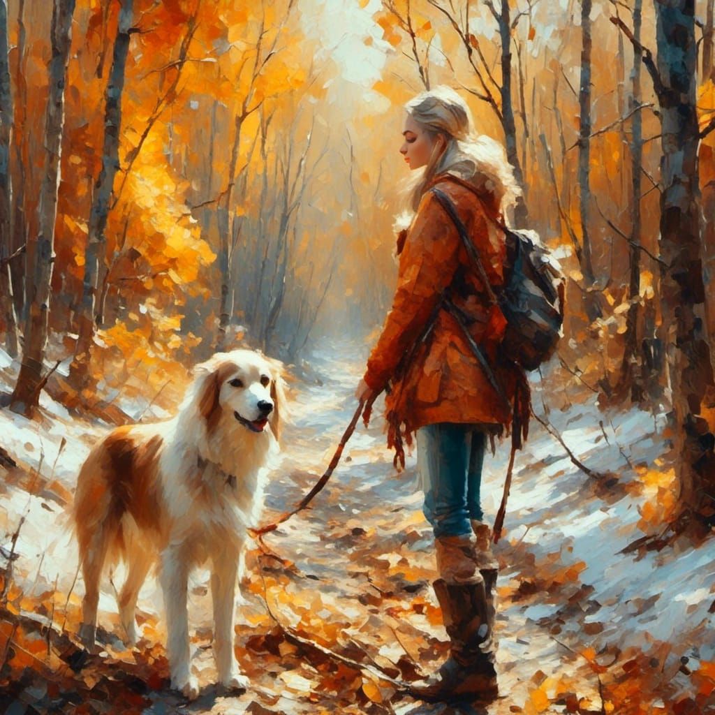 Woman and Dog Hiking in Autumn Woods as Oil Painting