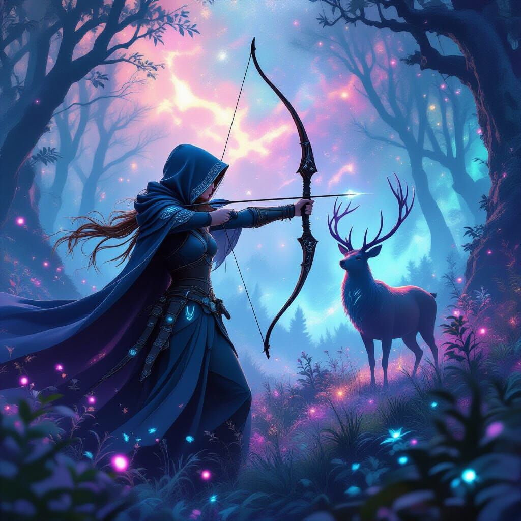 Ethereal Huntress in a Cosmic Forest