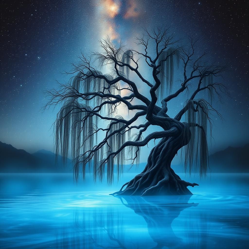 Cosmic Willow Tree Emerges From Lake Under Starry Sky