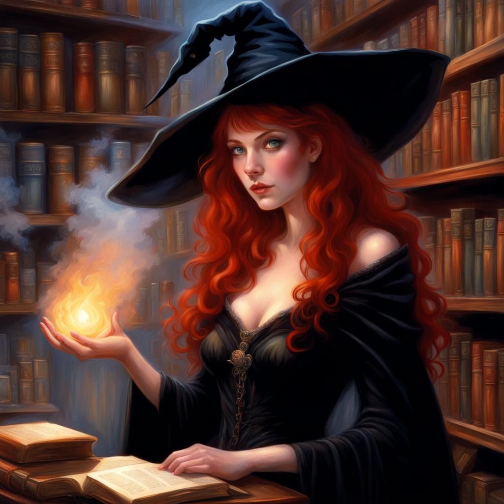 Red-Haired Witch with Cauldron, Fantasy Art