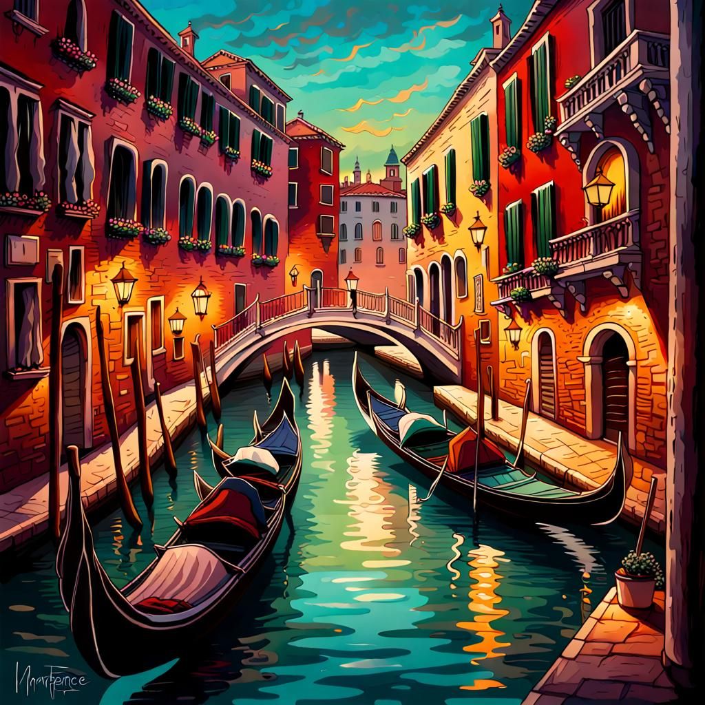 Venice, Italy: Gondolas gliding through shimmering canals, colorful houses lining the waterfront..