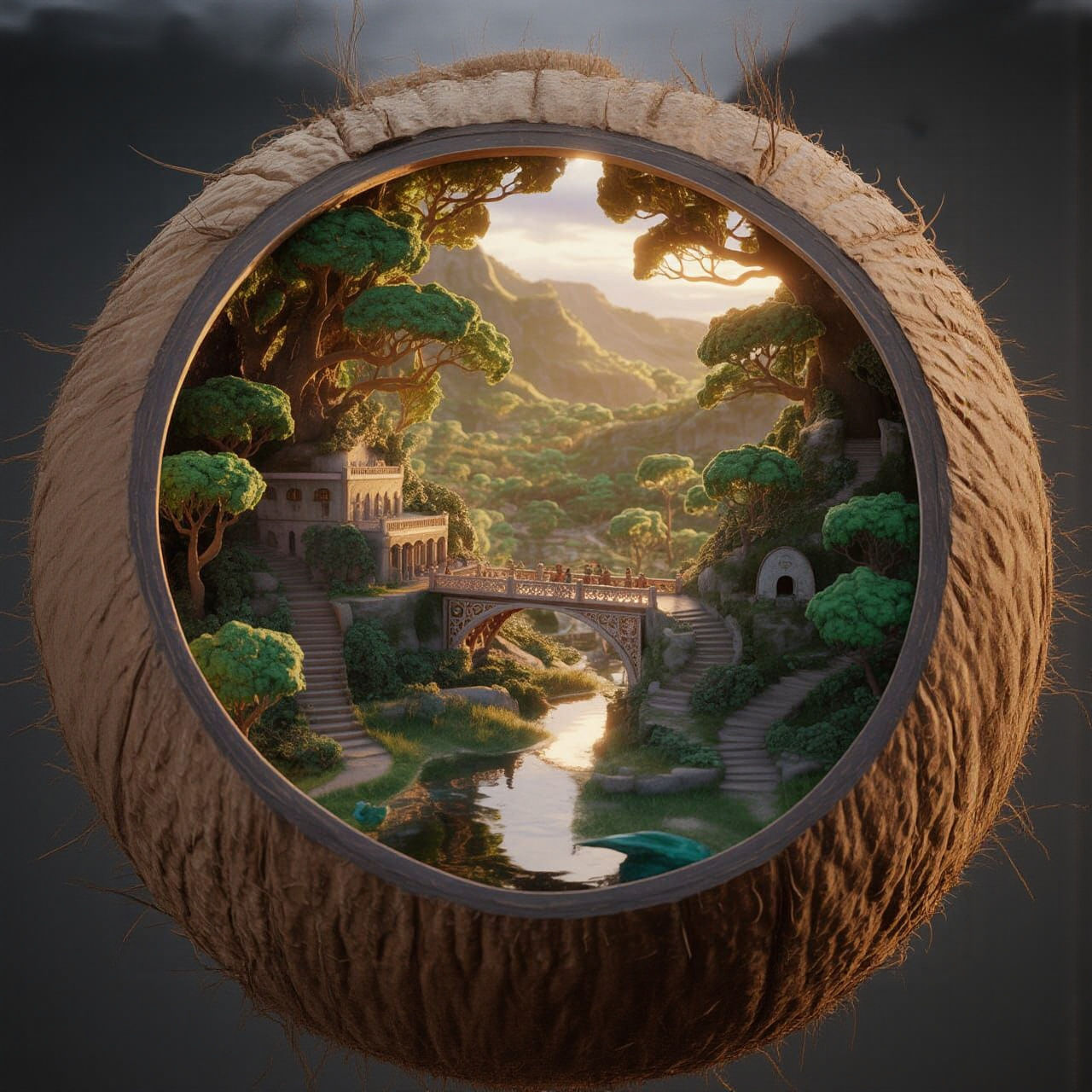 Miniature World Inside Coconut Shell: Digital Matte Painting