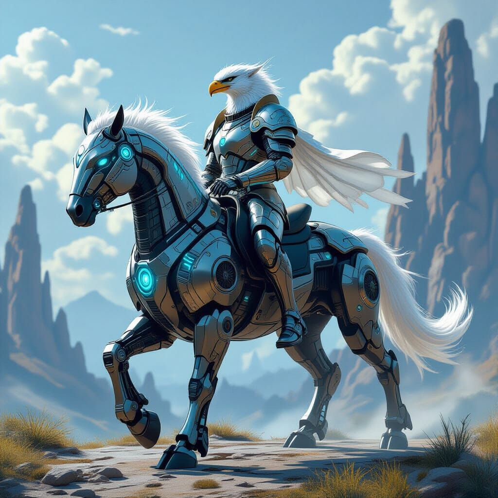 Armored Griffin Rides Robot Horse in Cyberpunk Cityscape
