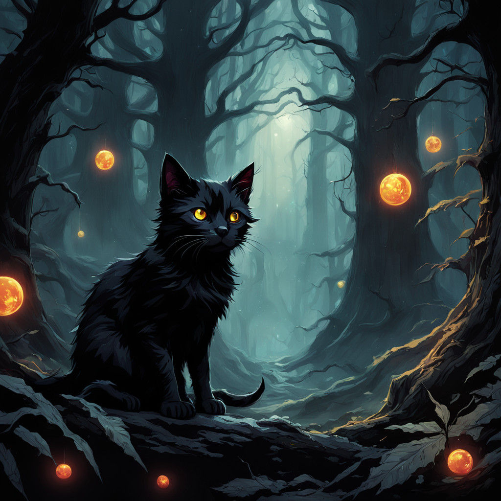 Dark Fantasy Kitten in Ancient Forest Glows with Ethereal Po...
