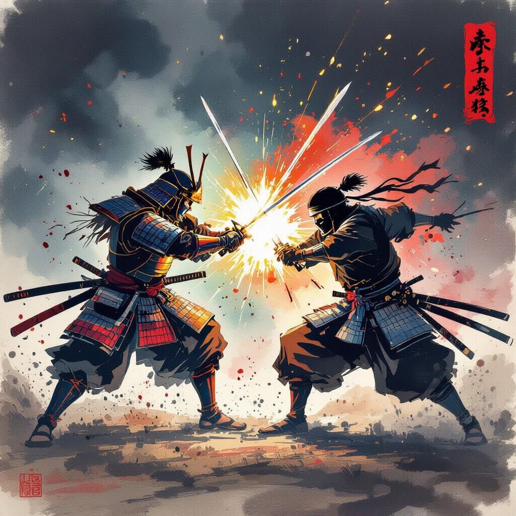 Samurai and Ninja Clash in Hokusai Style