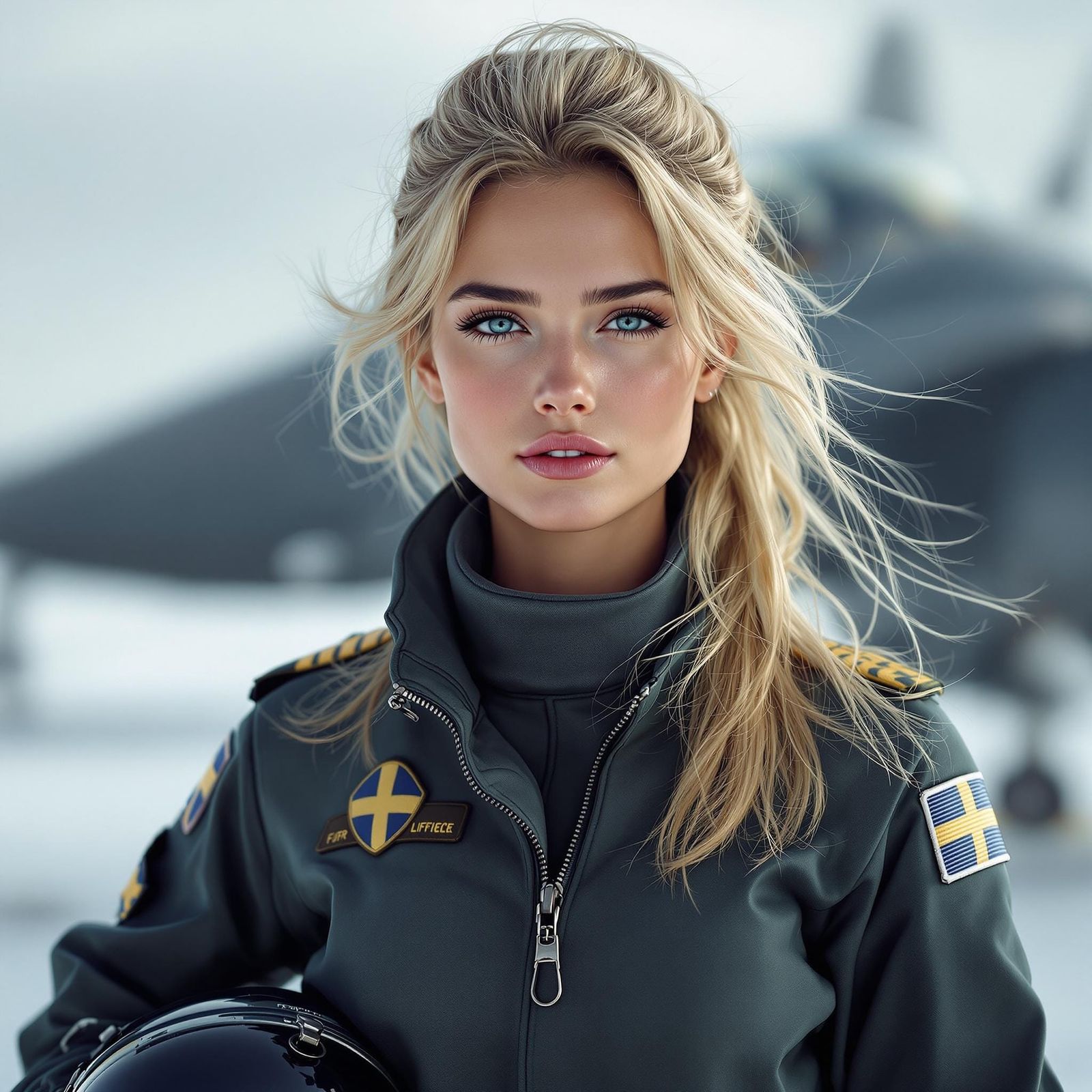Serene Swedish Air Force Supermodel in Photorealistic Milita...