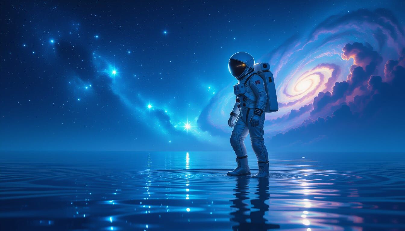 Astronaut Discovers Bioluminescent Planet in Cosmic Art Styl...