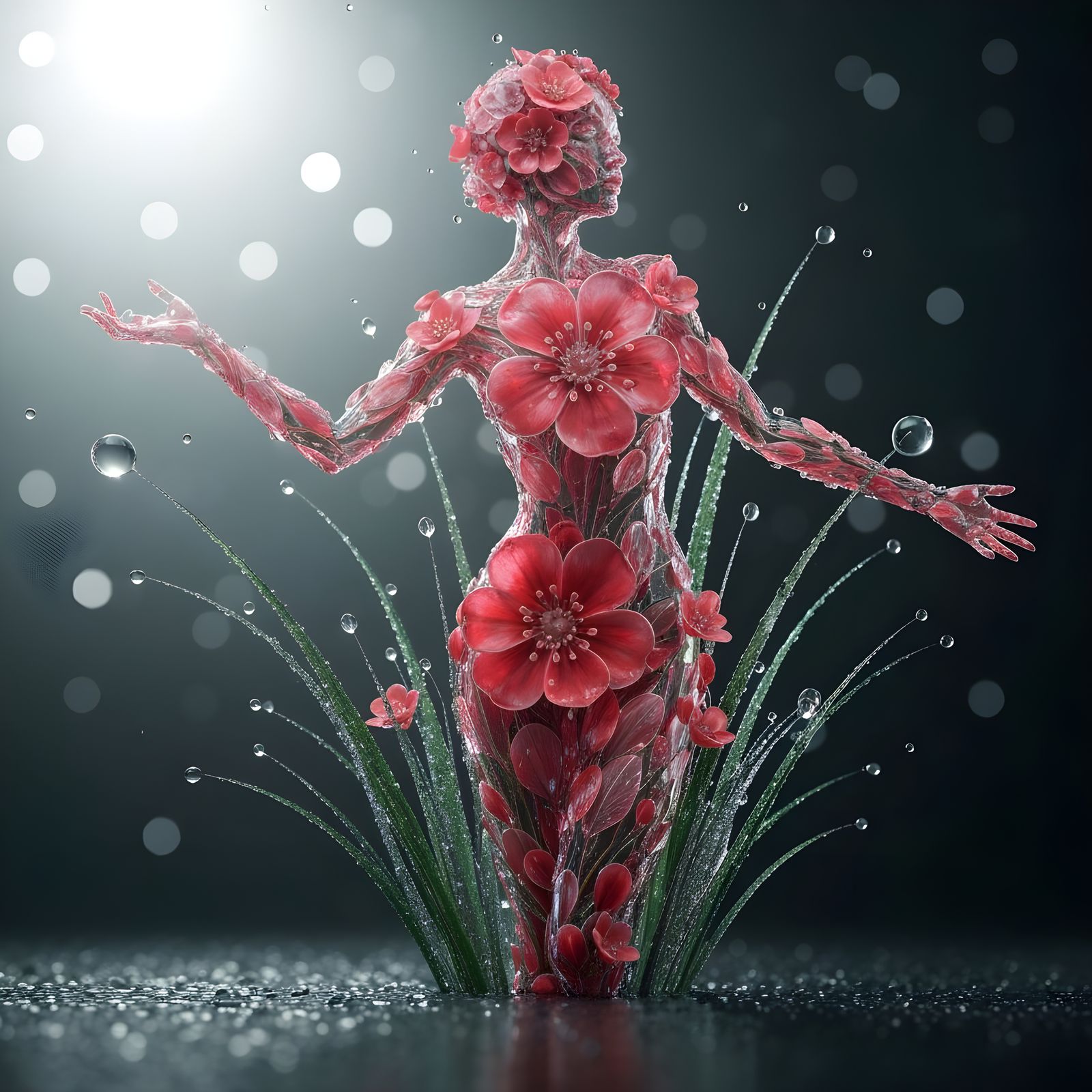 Opalescent Glass Woman with Red Flowers in 8K UHD