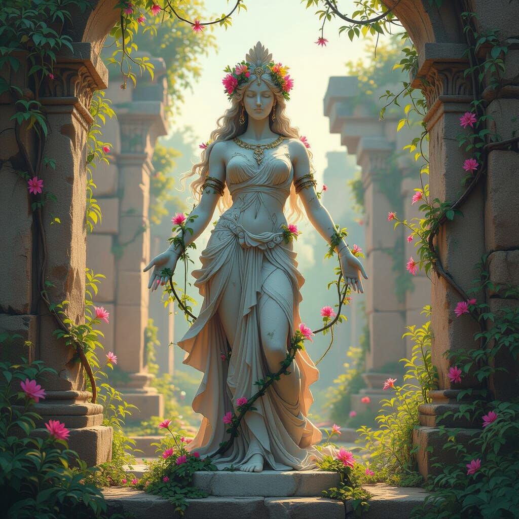 Warrior Goddess Statue in Lost City, Gouache Style