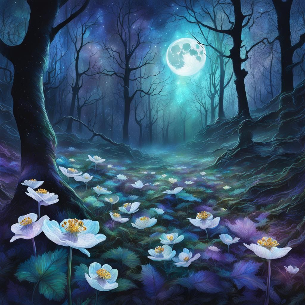 Wood Anemones in Astral Moonlight, Mixed Media