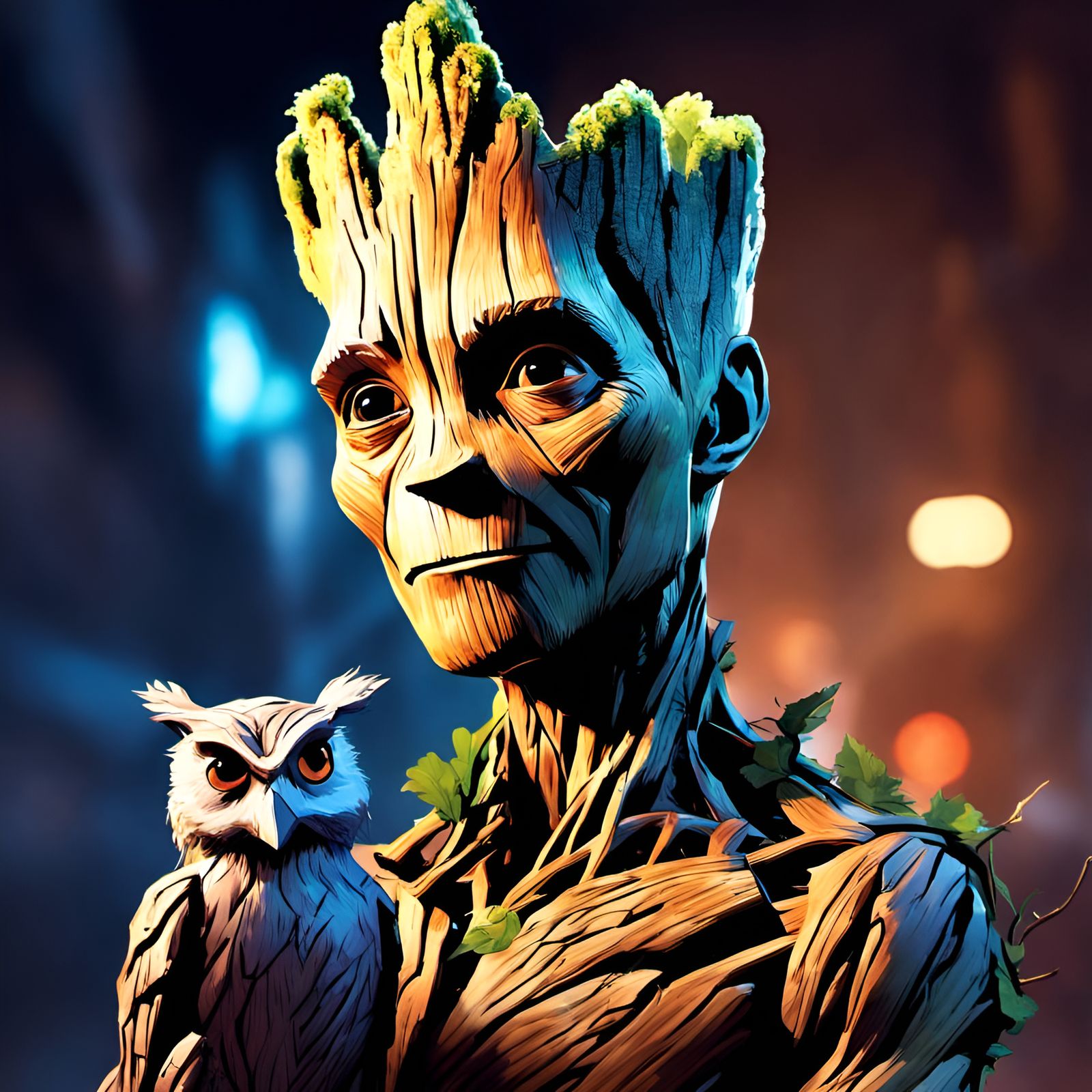 Groot and Owl Portrait in Digital Painting Style