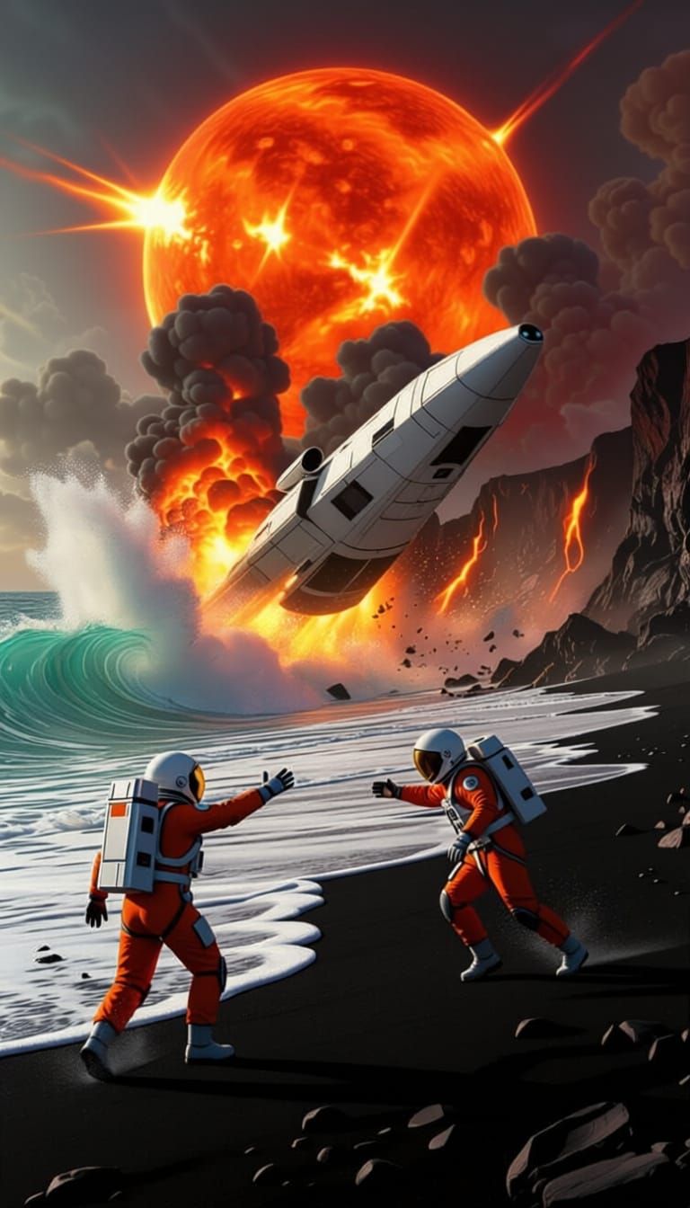 Astronauts Witness Spaceship Crash on Volcanic Beach