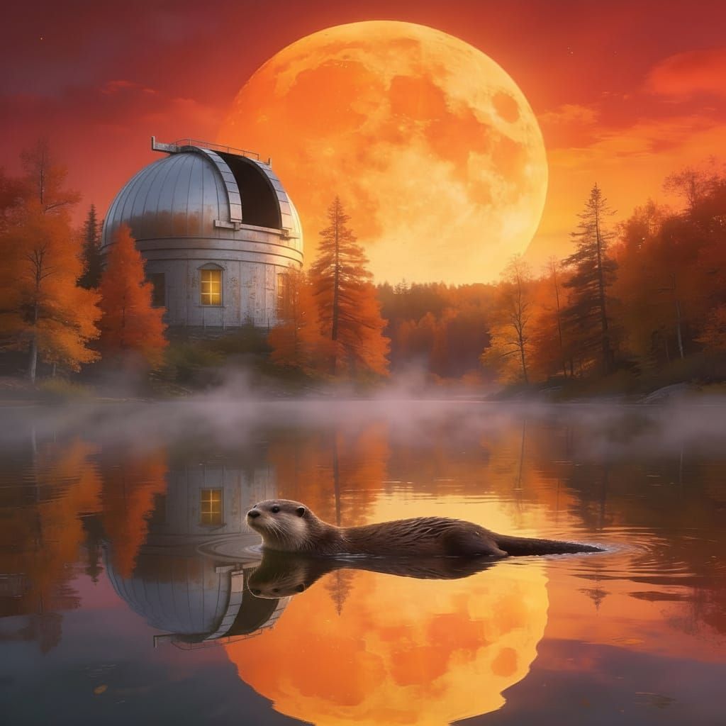 Surreal Autumn Sunset Over Lake With Observatory and Otter