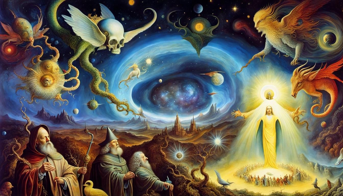 Surreal Cosmic Masterpiece Inspired by Bosch and Van Gogh