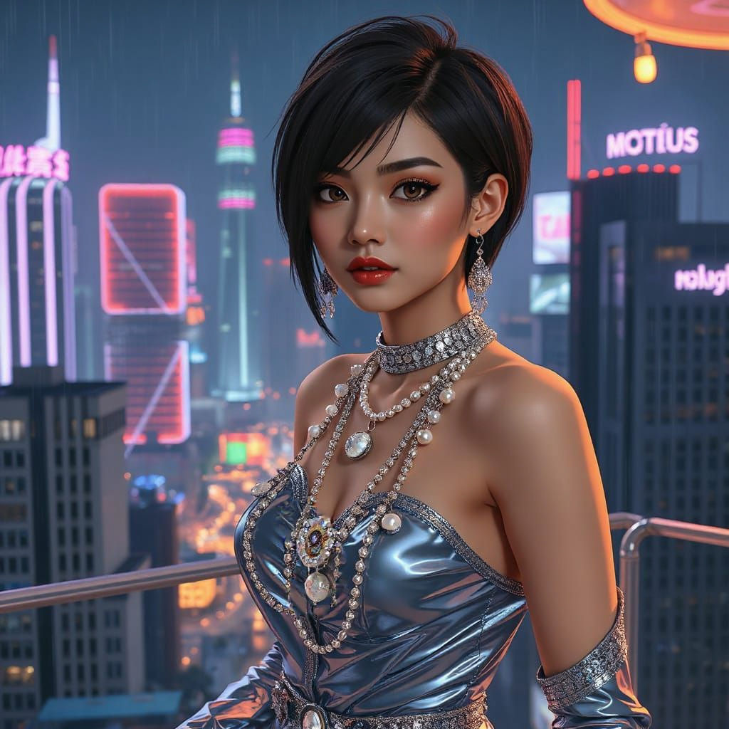 Thai Woman in Cyberpunk Cityscape, Anime Style