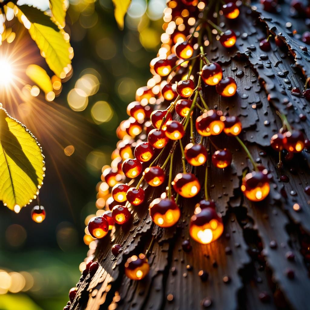 Resin Flowing on Cherry Tree in Golden Light