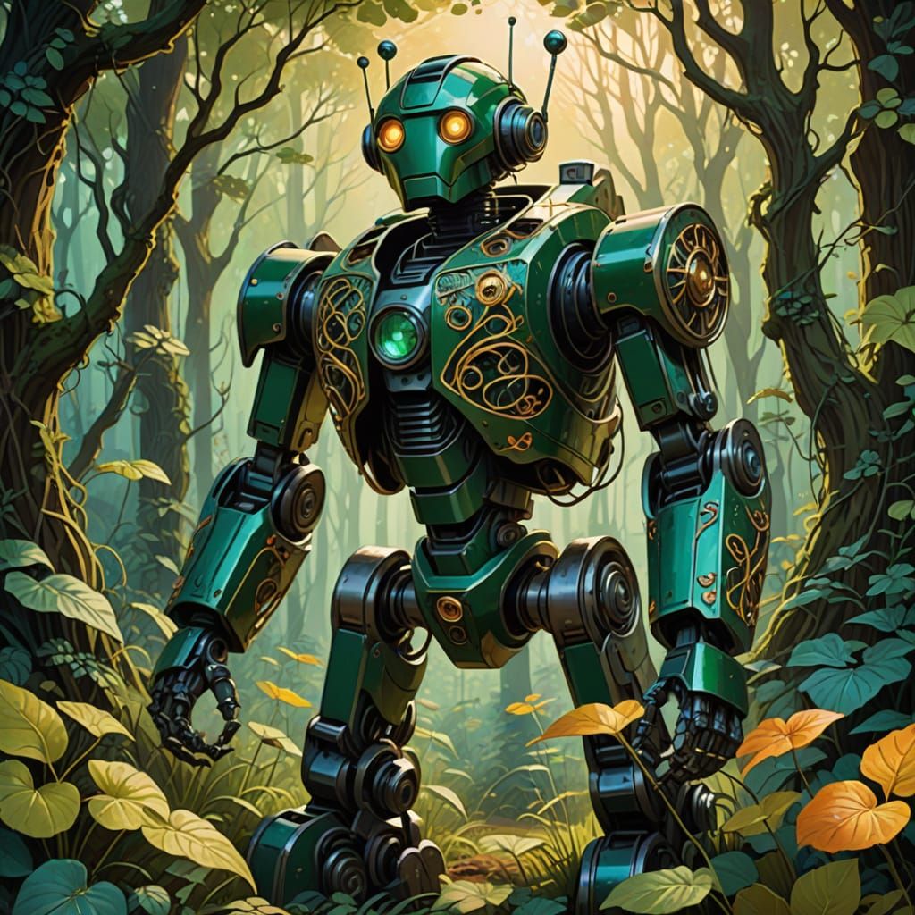 Art Nouveau Robot Overgrown with Vines in Forest