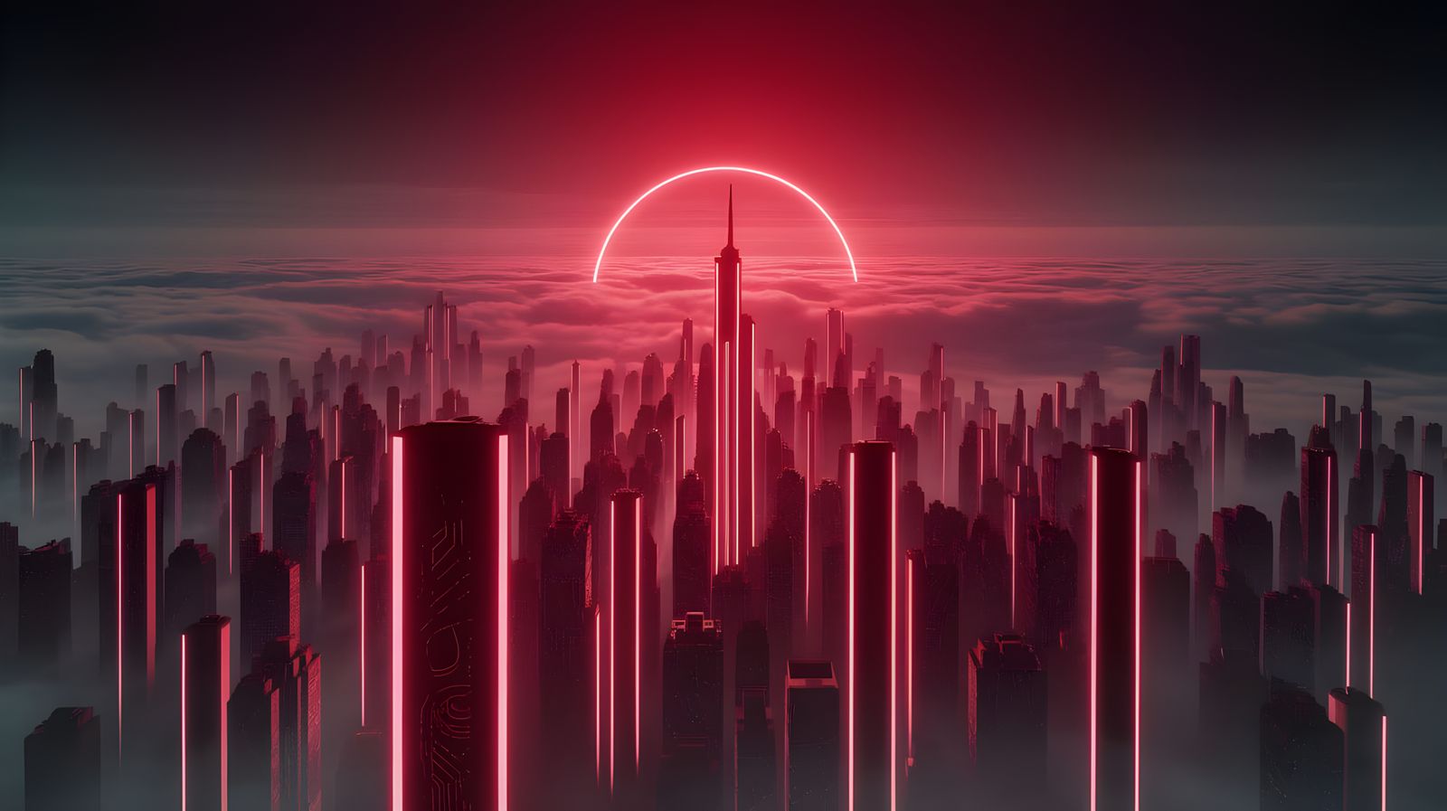 Cyberpunk Cityscape at Dusk Under Glowing Red Neon