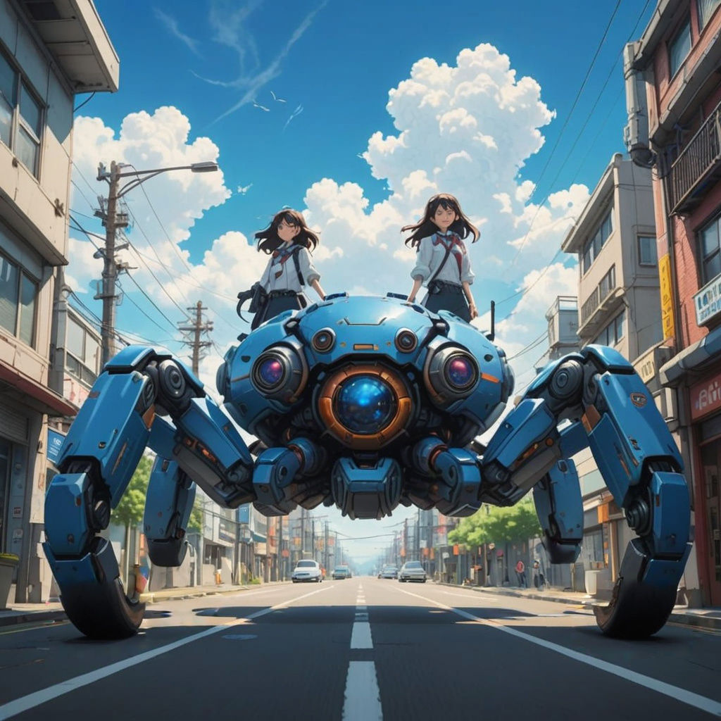 two cute anime girls piloting a giant detailed sci-fi crab s...