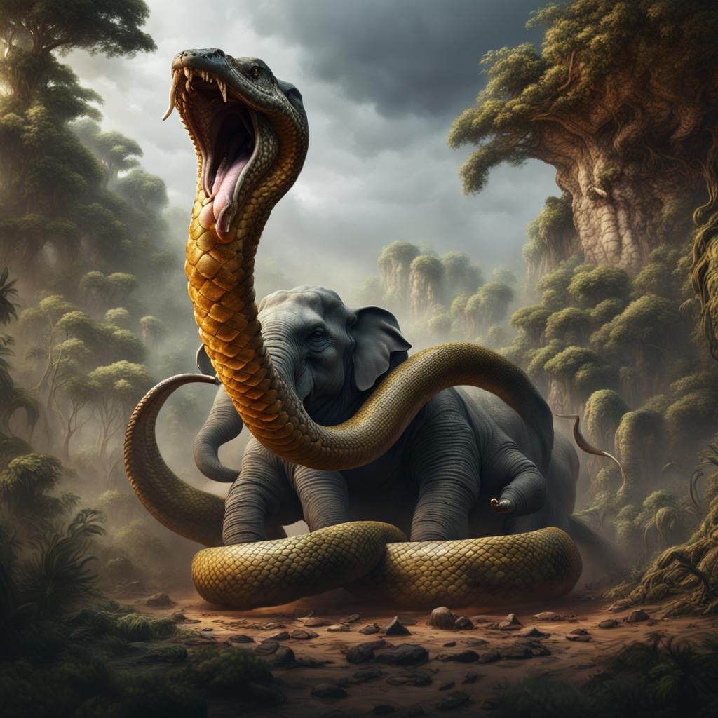 Anaconda Attacks Elephant: Detailed Fantasy Concept Art