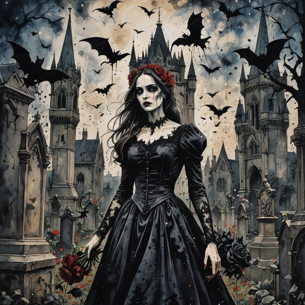 Gothic Vampire in Cemetery: Expressionist Ink Splatter Art
