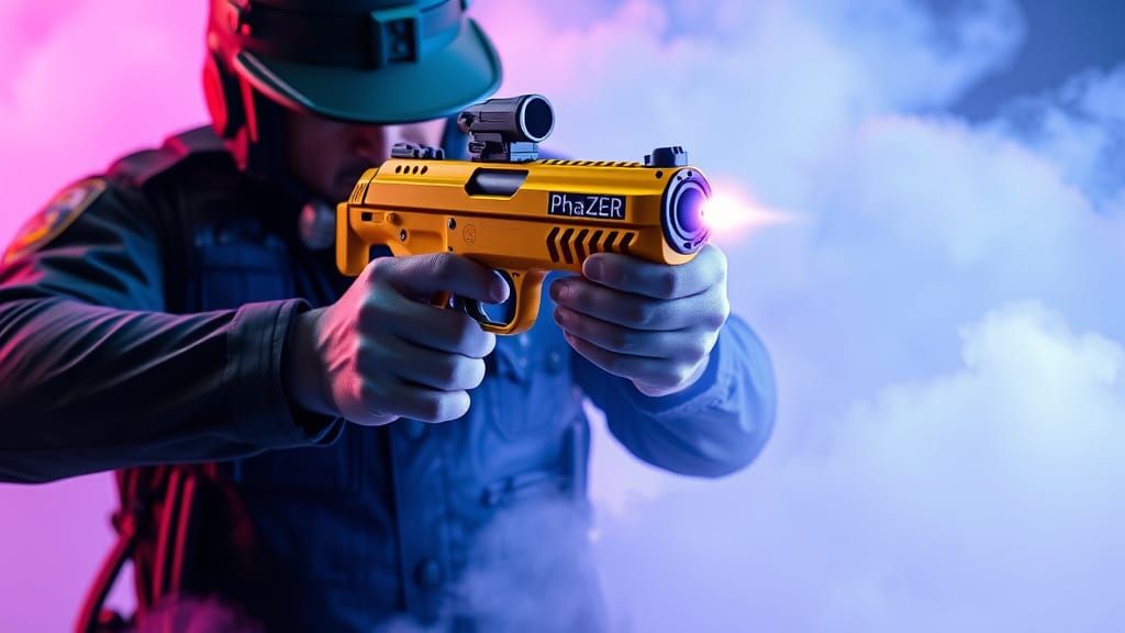 Epic Futuristic Police Officer Fires Yellow PhaZZER CEW in M...