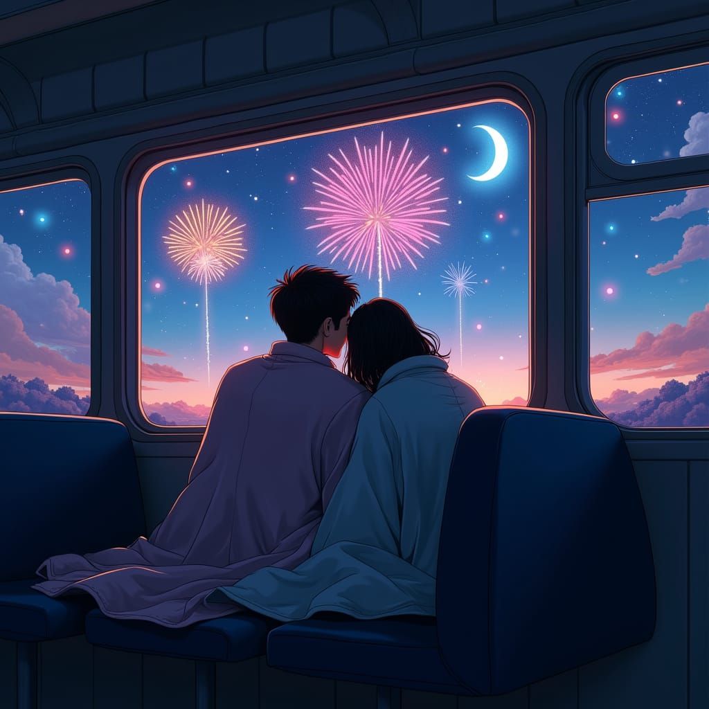Teen Couple on Bus Watching Fireworks, Matte Painting Style