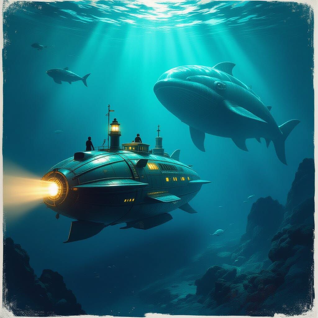Nautilus Submarine in Bioluminescent Abyssal Waters