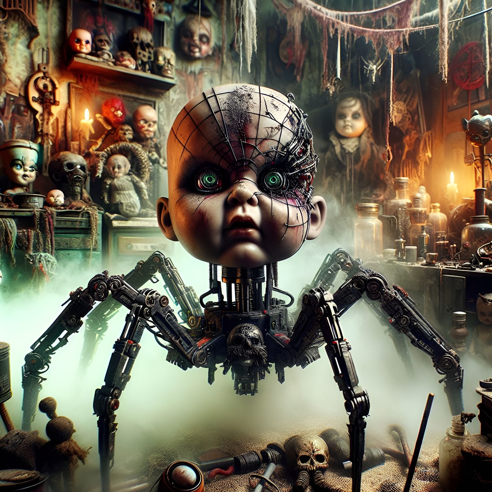 Mechanical Doll in Dystopian Toy Room: Gothic Horror