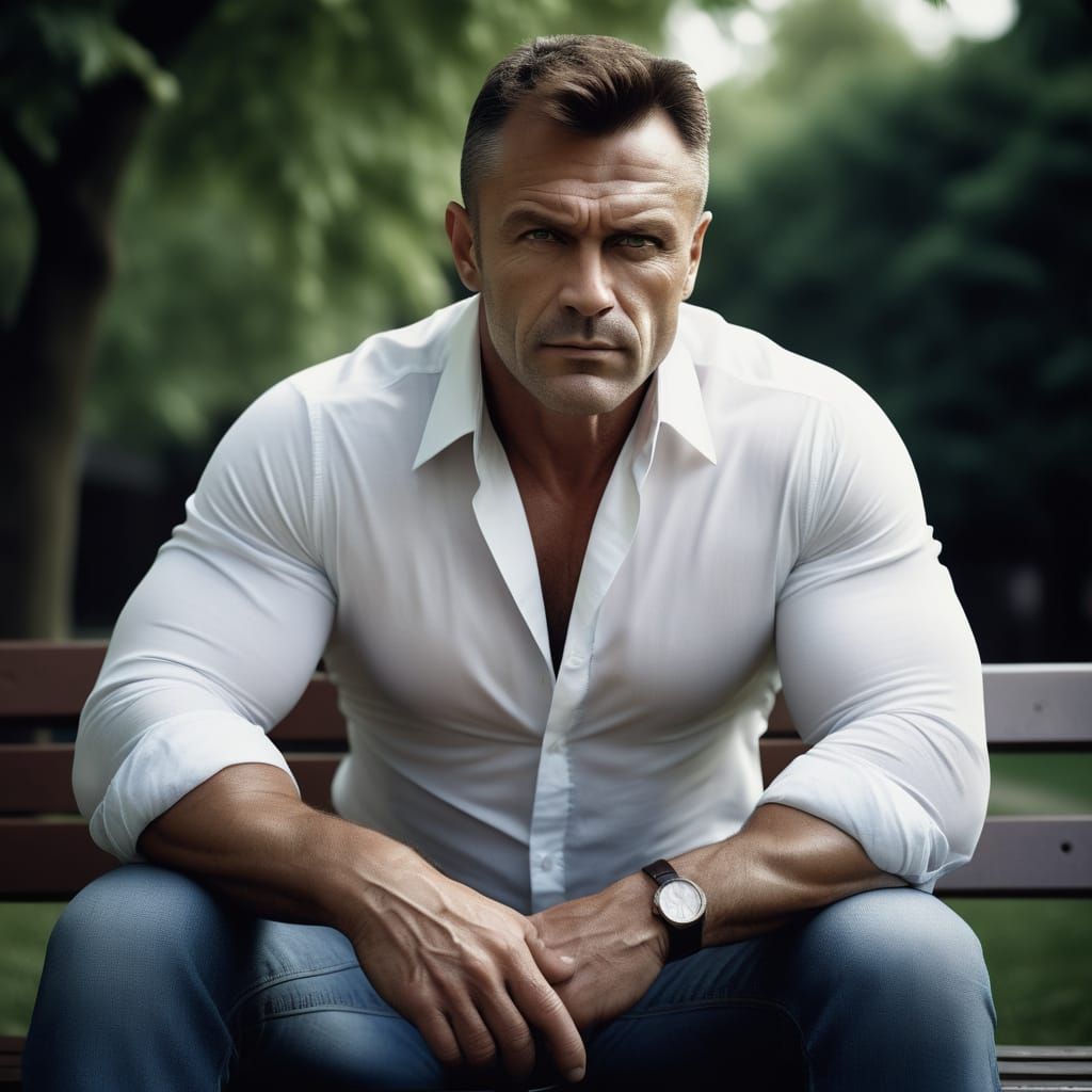 Muscular Man in Black and White Portrait, Moody Park Bench S...