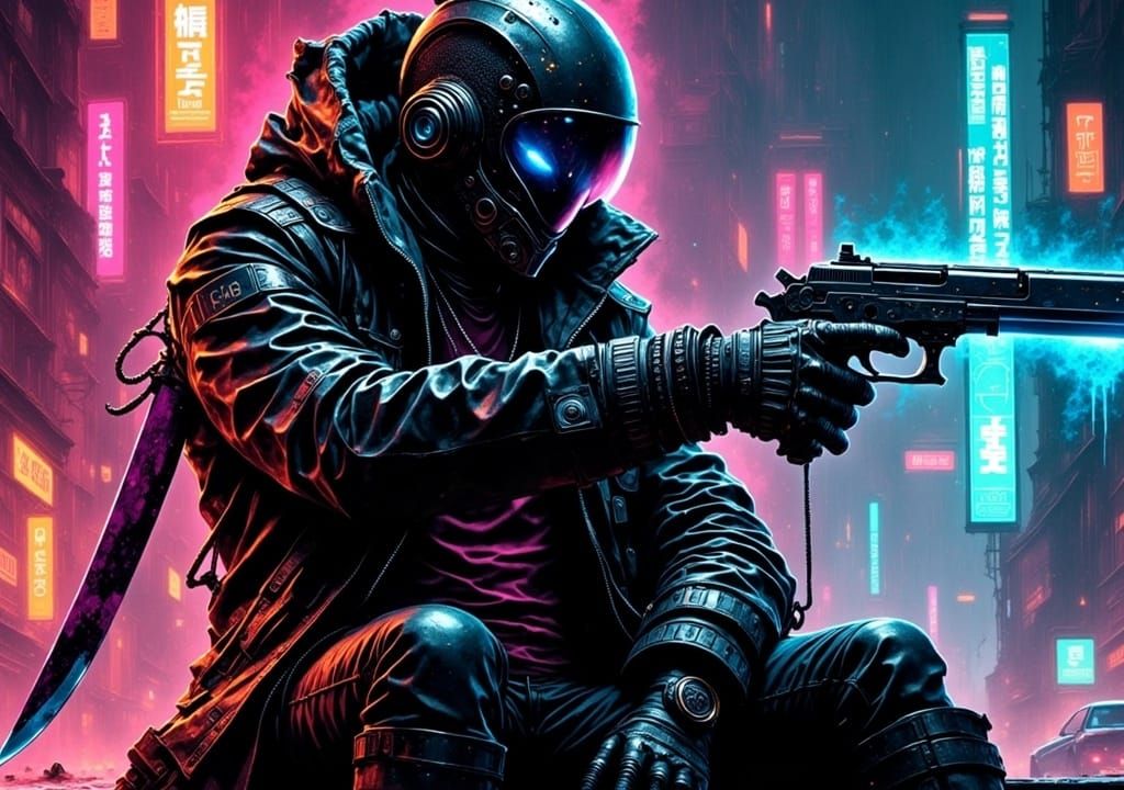 Cyberpunk Vigilante with Futuristic Pistol