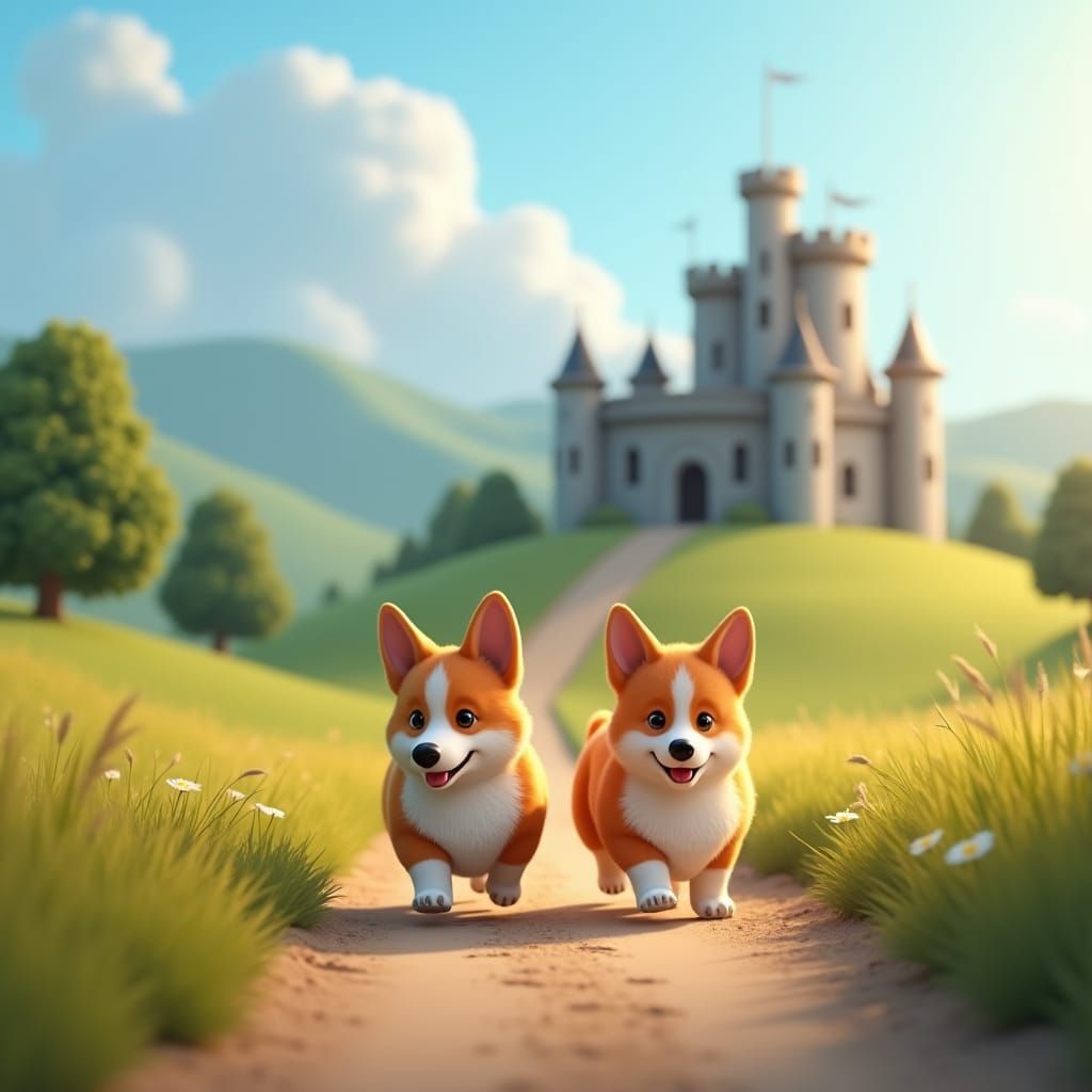 Corgis on a Path to a Castle: 3D Digital Art