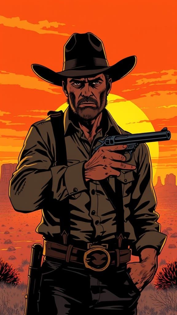 Lone Gunslinger at Fiery Sunset in Graphic Novel Style