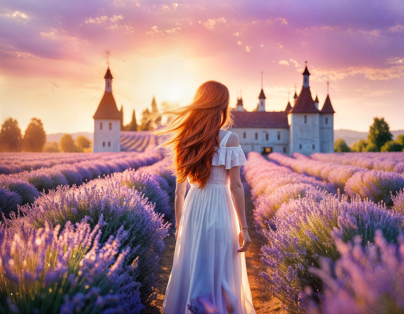 Redhead in Lavender Field, Photorealistic Style