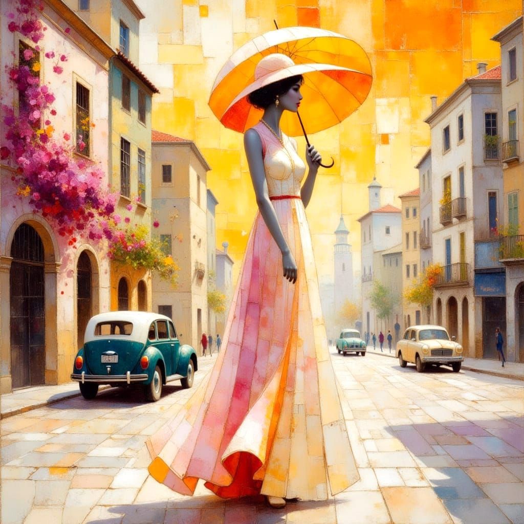 Elegant Woman Strolls Amidst Art Deco Splendor in Klimt-Insp...