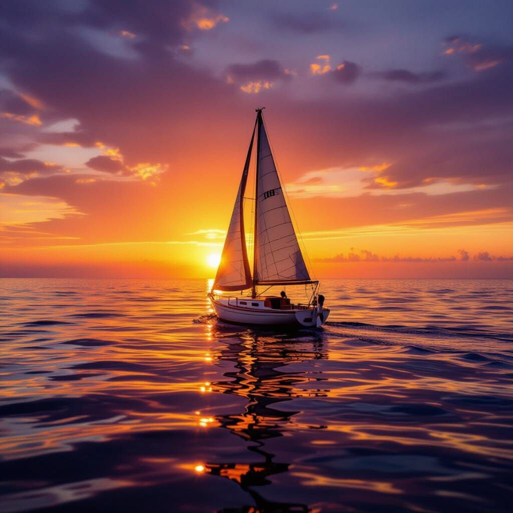 Vibrant Orange and Yellow Sunset Over Ocean with Sailboat