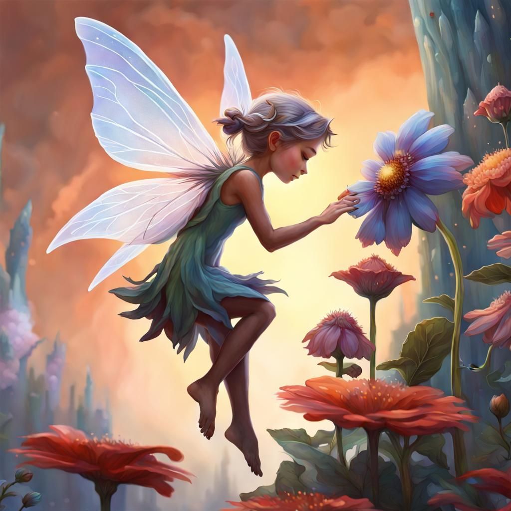 Flying Fairy Touches Giant Flower in Tiny World