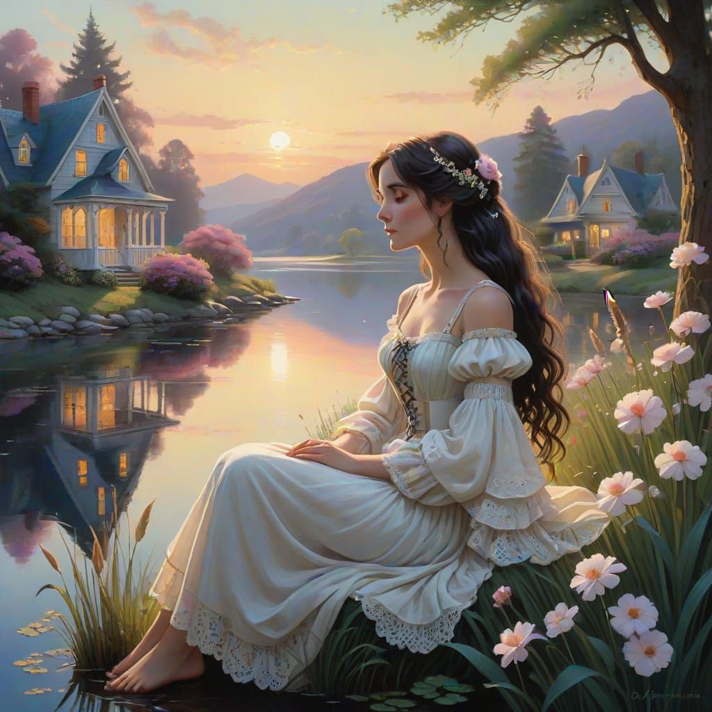 Romantic Gothic Woman in Victorian Attire Reclines by Tranqu...